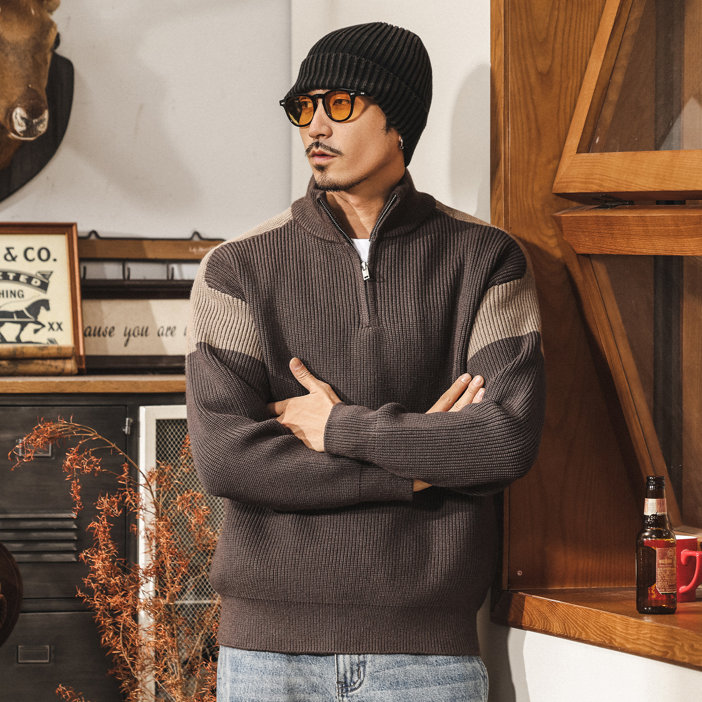 美式復古半高領拉鍊加厚毛衣男冬季保暖潮牌撞色寬鬆針織衫外套男