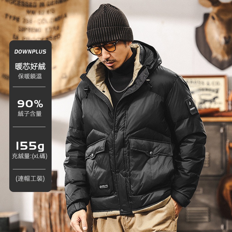 90白鴨絨美式復古工裝羽絨服男冬季加厚連帽面包服男士秋冬外套男