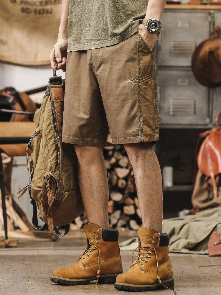 美式潮牌復古拼接撞色刺繡工裝短褲男夏季寬鬆男士運動五分褲