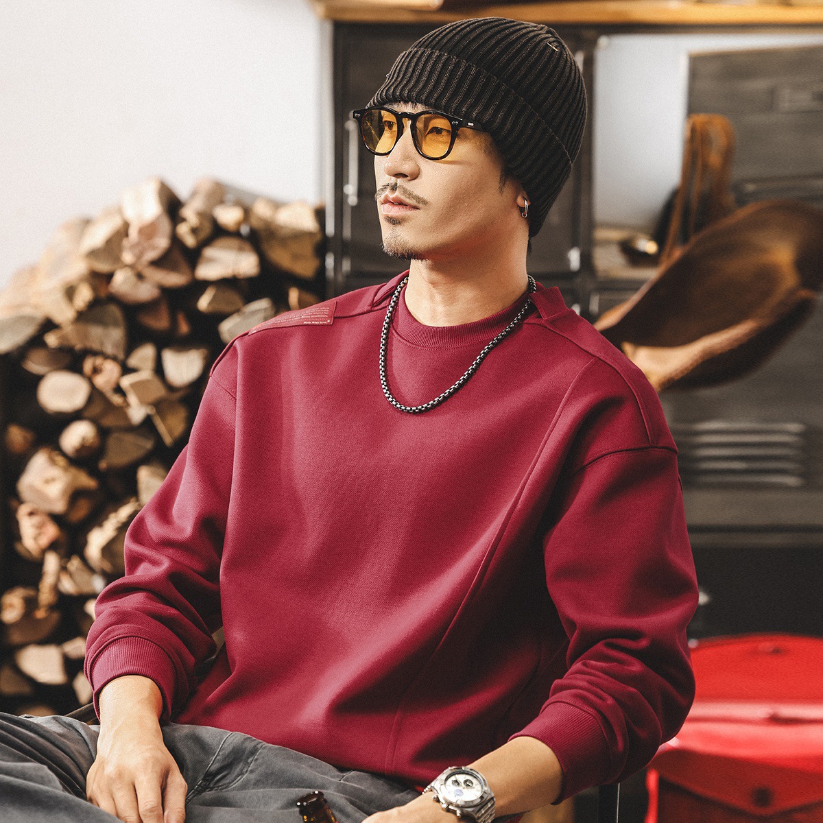 美式復古480g重磅衛衣男春秋2025新款拼接酒紅色寬鬆男士秋季上衣