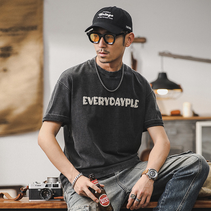 美式潮牌短袖T恤男夏季寬鬆2024新款上衣男230g重磅黑色體恤