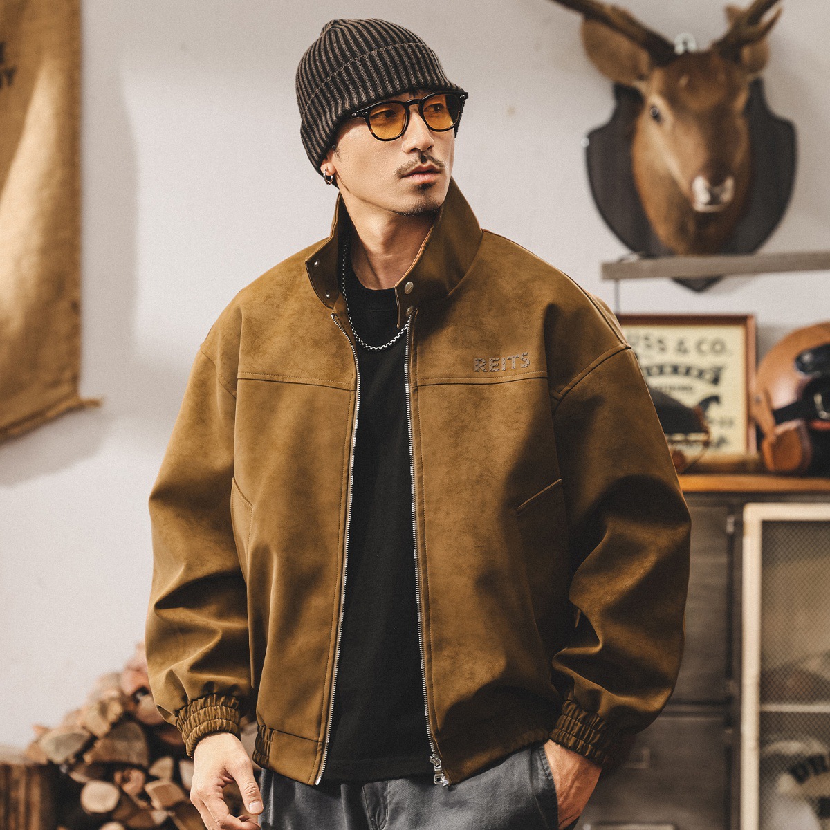 美式復古扎染斑駁做舊皮衣外套男春秋新款潮流痞帥機車寬鬆皮夾克