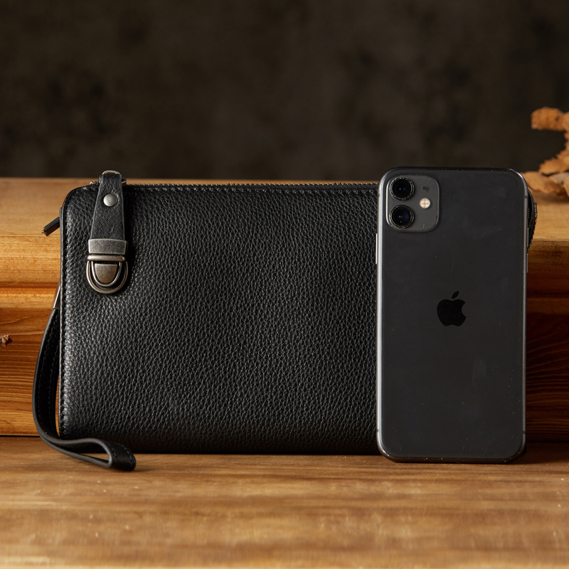 手工牛皮男士手拿包休閒商務真皮長款錢包頭層牛皮時尚潮流手機包