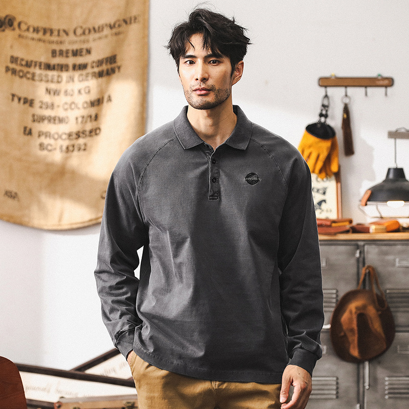 美式復古水洗T恤男秋季2024新款重磅衛衣寬鬆潮牌長袖POLO衫