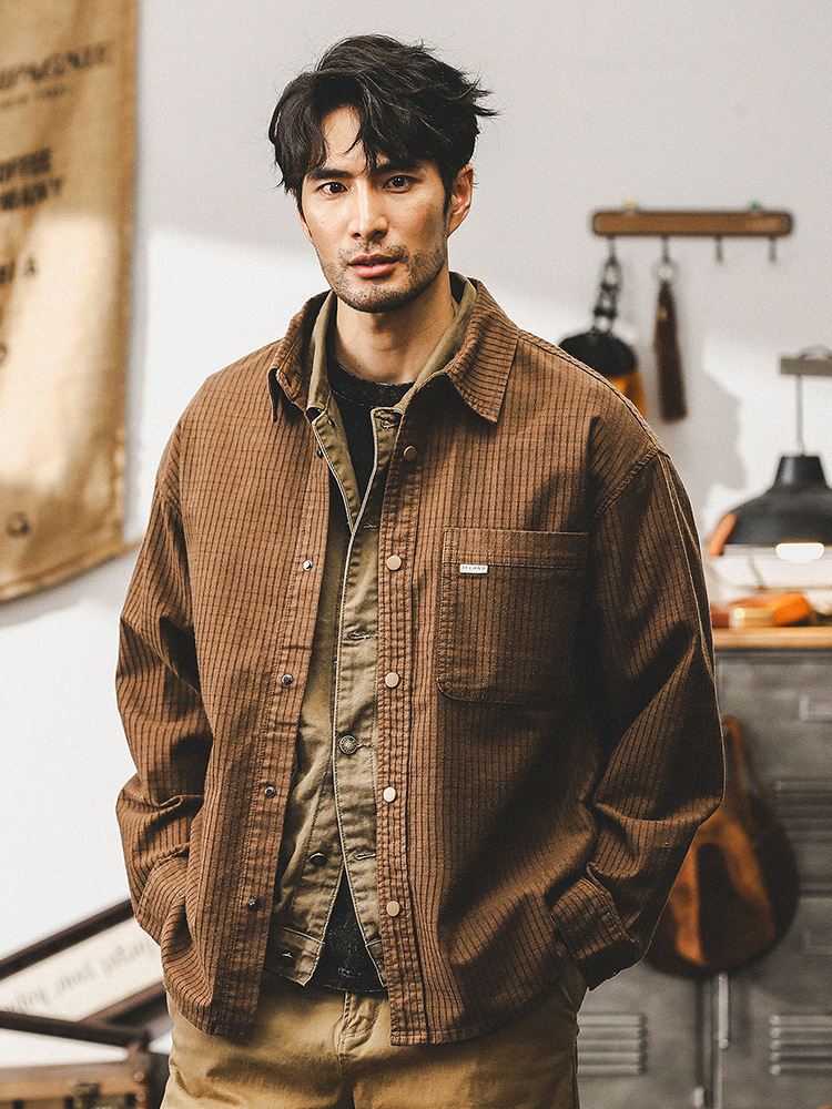 美式複古華夫格工裝襯衫男長袖寬松重磅襯衣戶外通勤男士秋季外套
