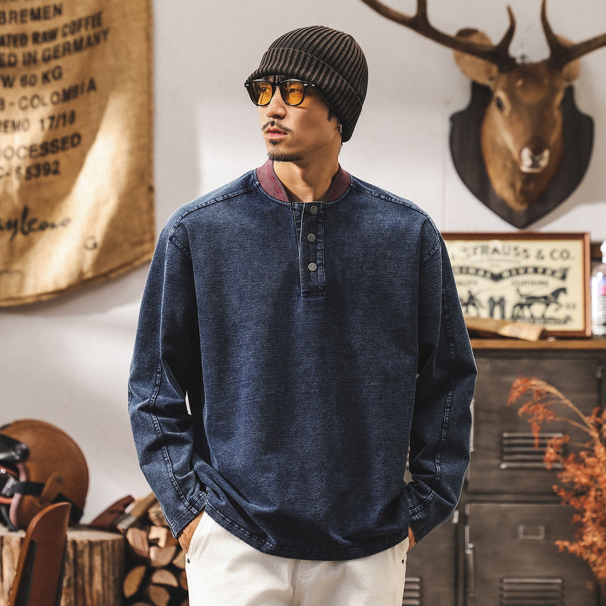 美式復古亨利領320g重磅T恤男春秋新款棒球領衛衣靛藍牛仔外套男