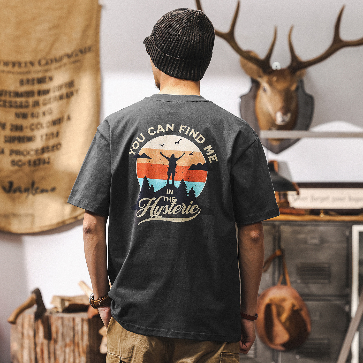 美式重磅雙紗T恤男短袖夏季復古潮流戶外露營印花休閒上衣印花T男