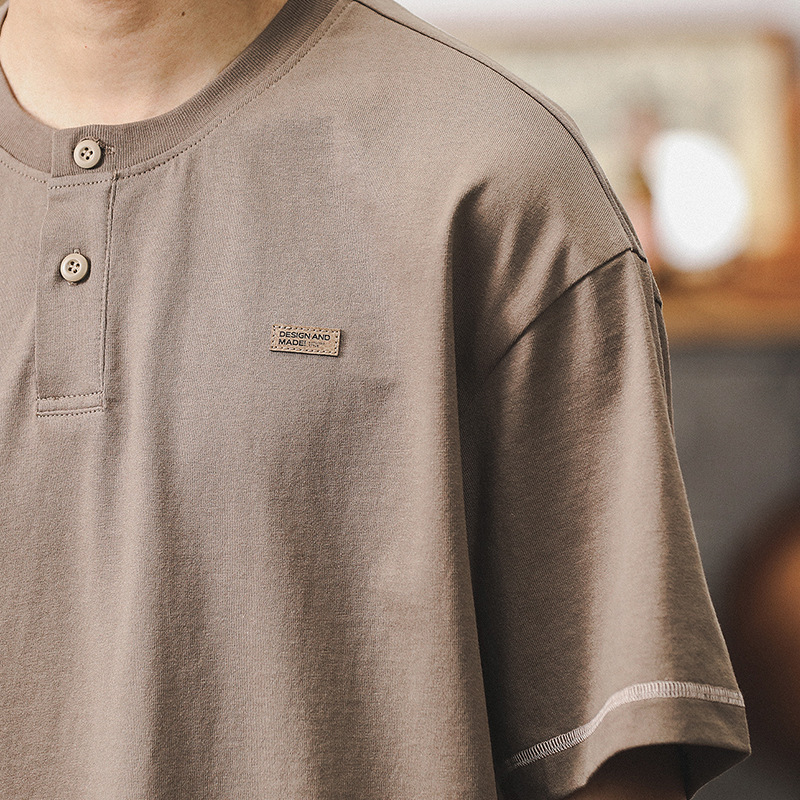 杰雷諾美式復古亨利領短袖T恤男夏季潮牌卡其色休閒男士上衣