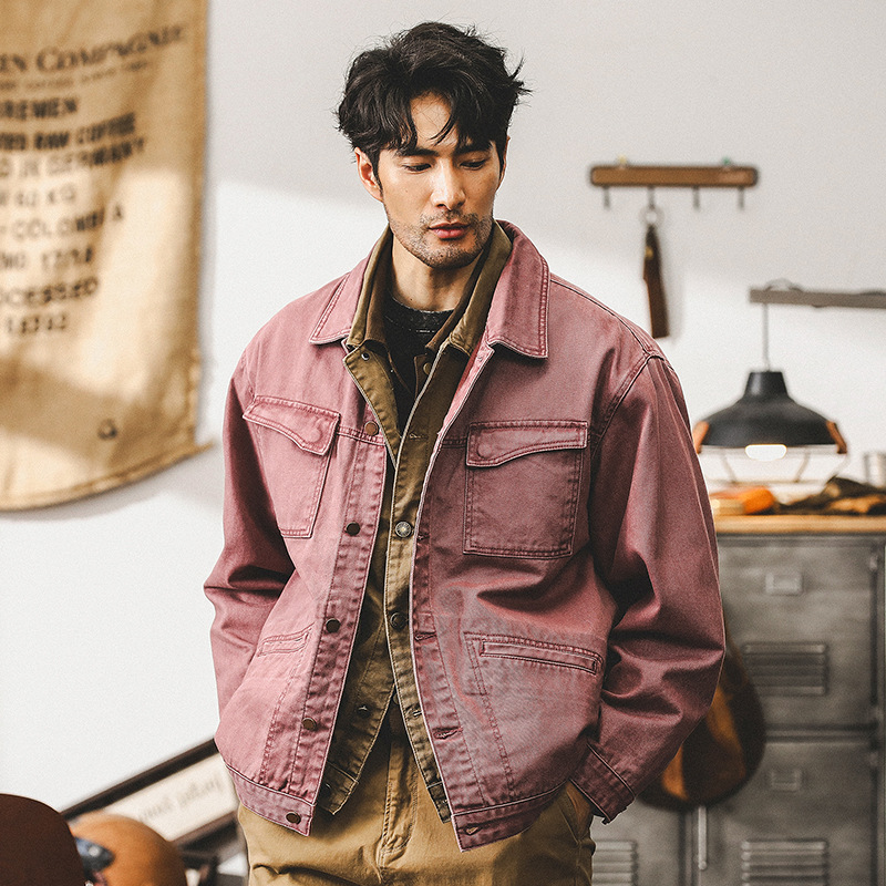 美式複古酒紅色重磅牛仔外套男春秋款潮流阿蘇特工裝秋季休閑夾克