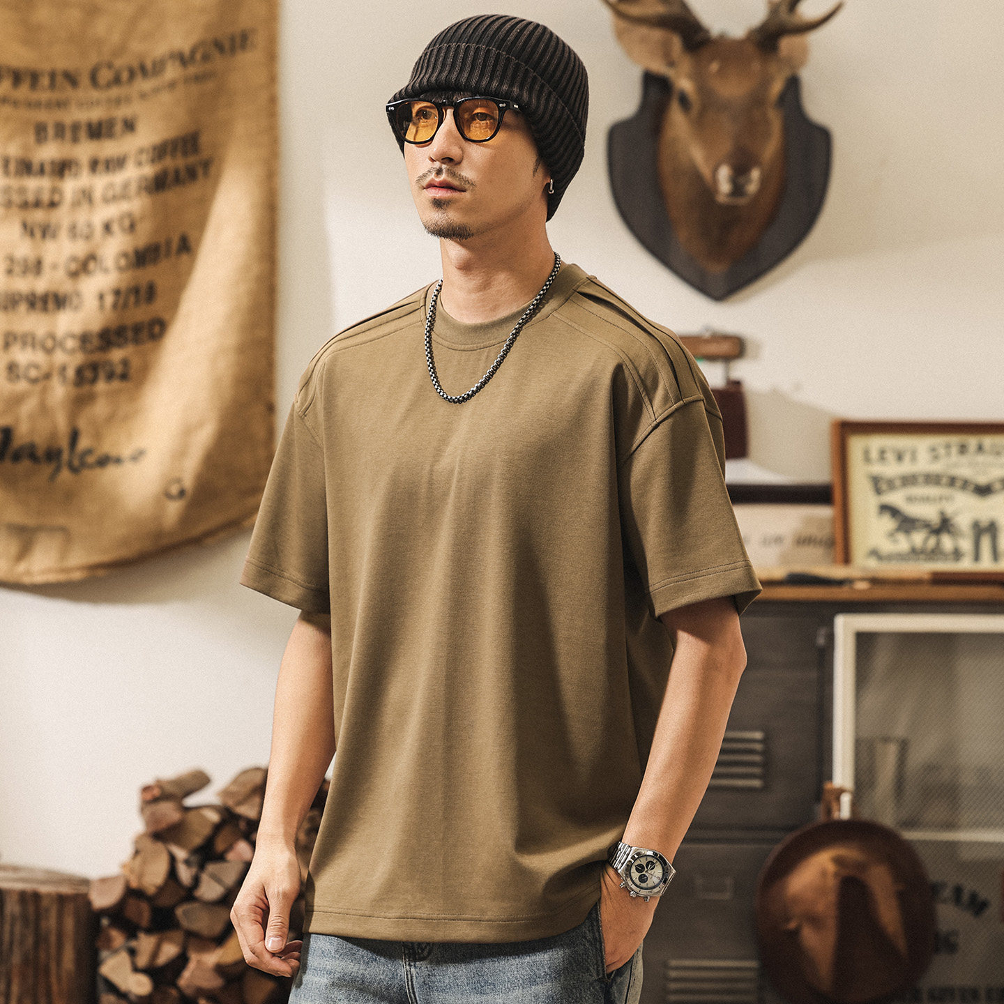 7A抗菌涼感果凍棉短袖T恤男夏季拼接解構潮流寬鬆休閒美式上衣男