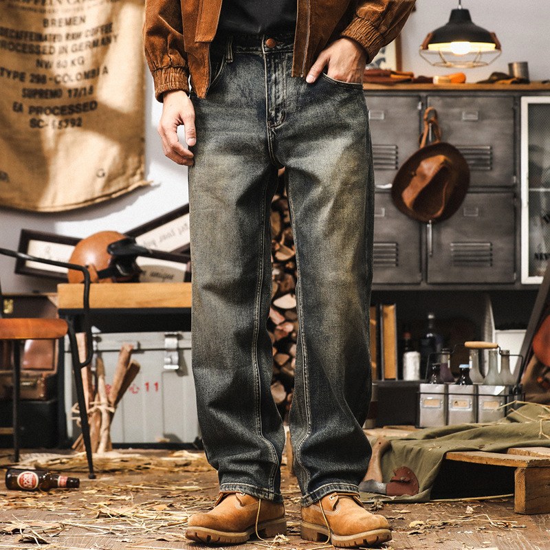 美式經典重磅牛仔褲男秋季wear2024新款復古加厚棕色水洗直筒休閒長褲