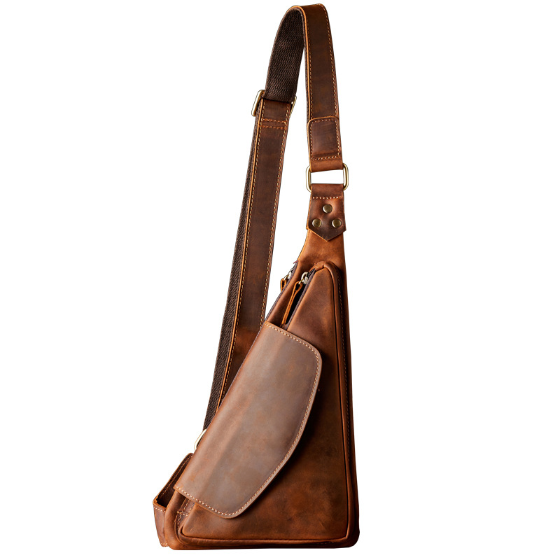 手工原創瘋馬皮個性復古胸包頭層牛皮休閒挎包男包真皮單肩斜挎包