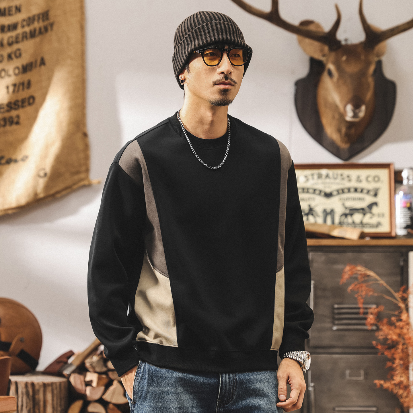 美式復古重磅男士衛衣2025新款春秋圓領寬鬆大碼男裝秋季拼色上衣