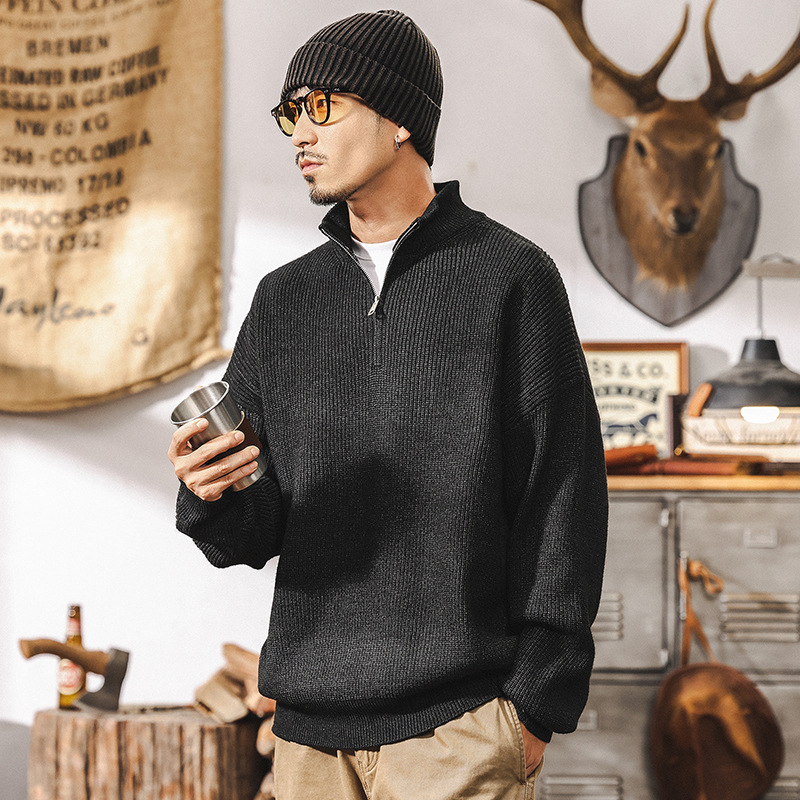 美式復古710g重磅毛衣男冬季加厚半高領拉鏈慵懶風針織毛衫外套男