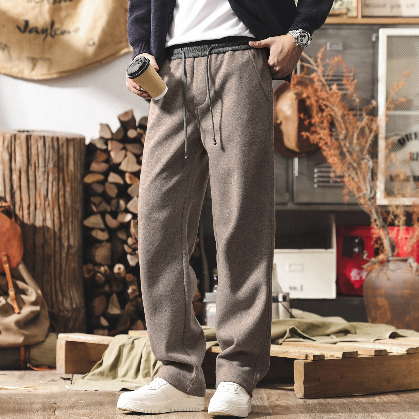 美式復古輕奢綿羊毛褲子男冬季加厚寬鬆男士休閒褲直筒加絨衛褲男