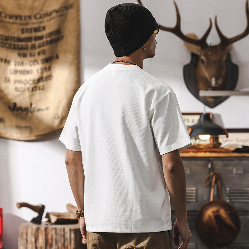 美式復古260g重磅短袖T恤男夏季2025新款華夫格肌理感休閒上衣男T
