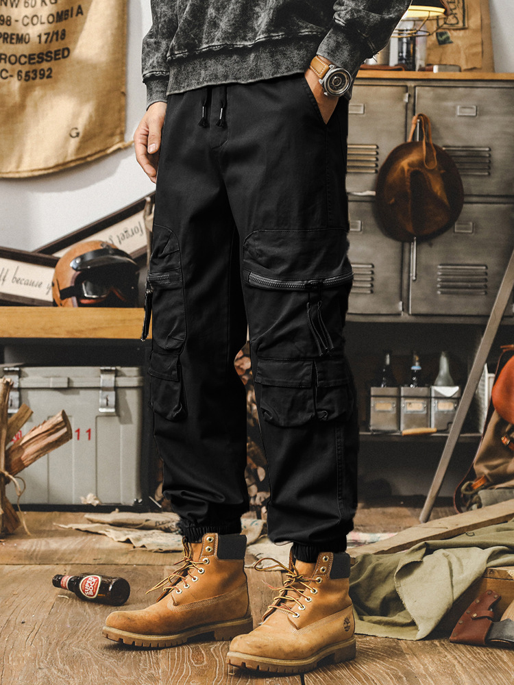 傑雷諾美式複古卡其色束腳休閑褲男春秋潮牌寬松多口袋工裝褲男款