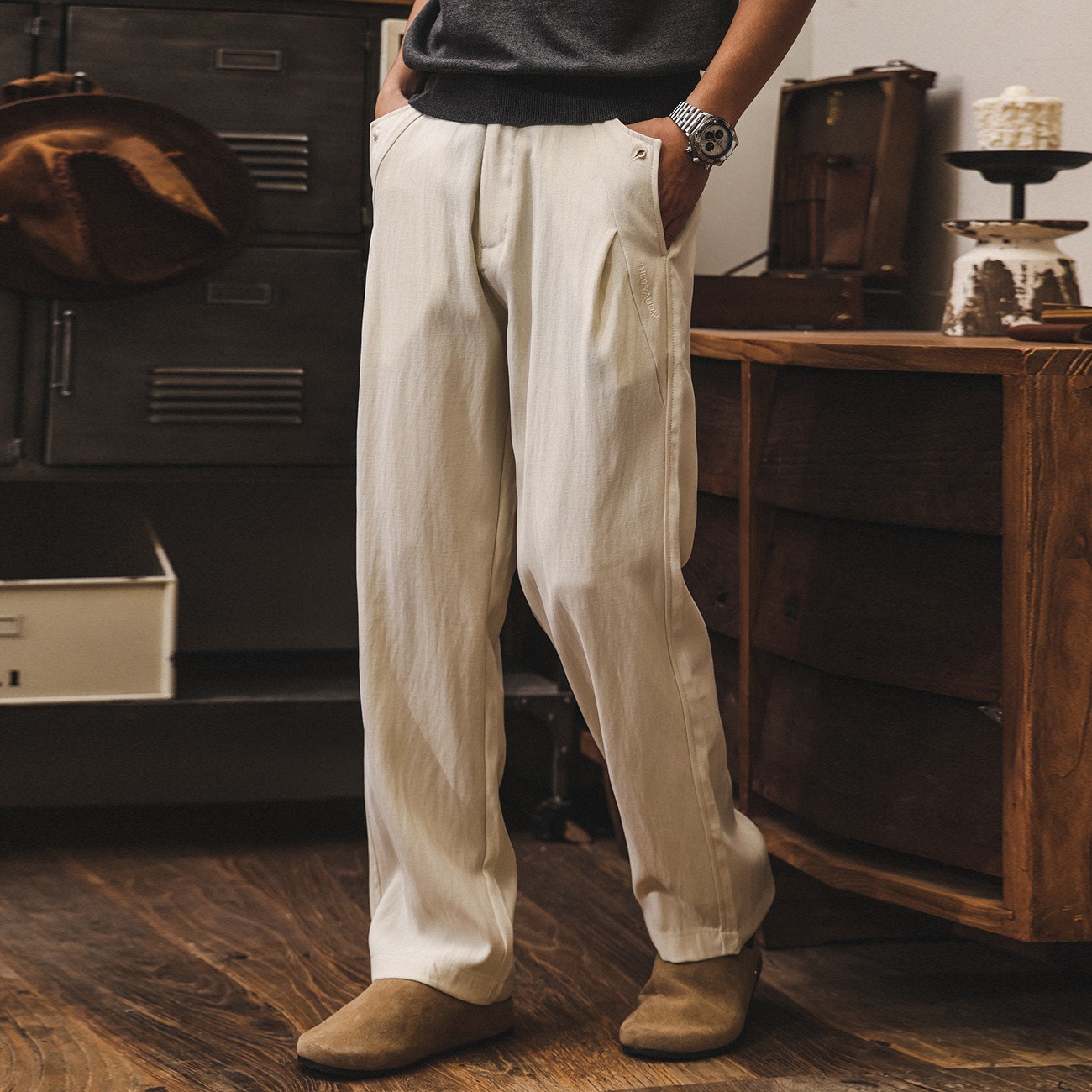 美式復古莫瑞老錢風褲子男春夏季薄款商務通勤男士西褲休閒直筒褲