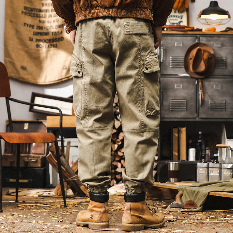 美式復古卡其色工裝褲子男秋季潮牌城市戶外通勤寬鬆大口袋休閒褲