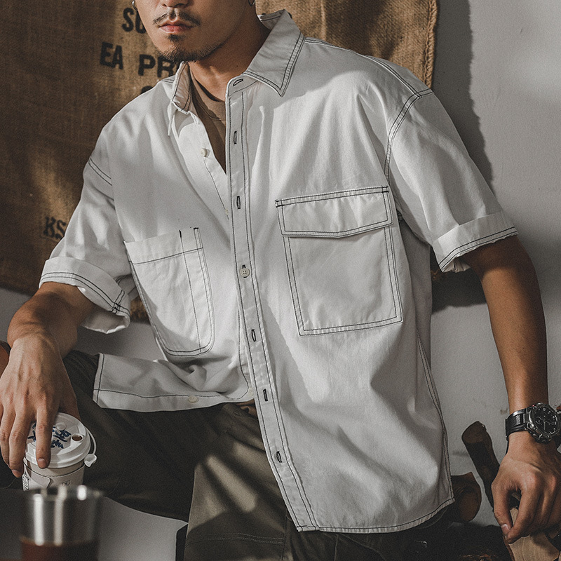 杰雷諾美式復古水洗工裝襯衫男半袖夏季新款寸衫短袖襯衣男款