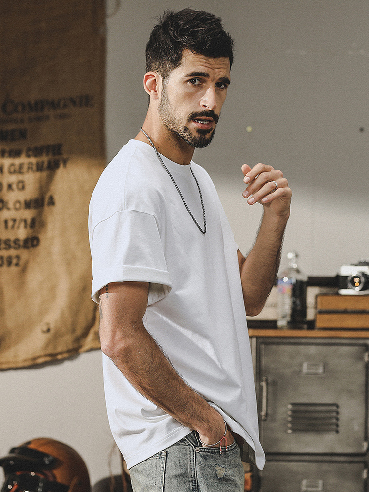 32支雙紗爽滑棉250g重磅基礎純色圓領短袖T恤男夏季寬鬆百搭小白t