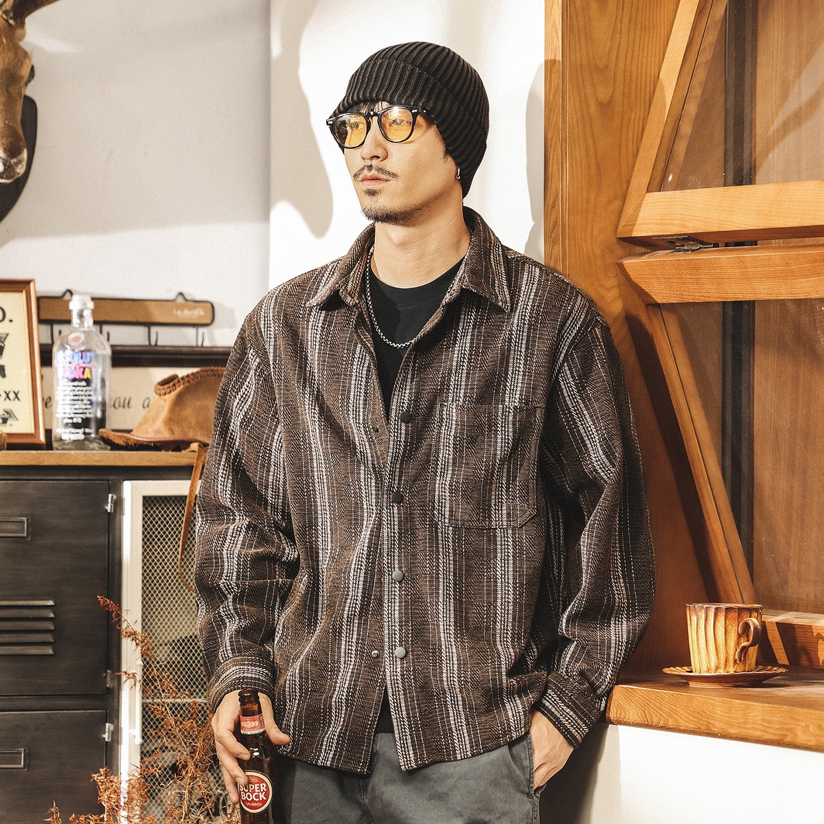 美式復古雪尼爾條紋提花襯衫男春秋新款古着長袖襯衣寬鬆休閒外套