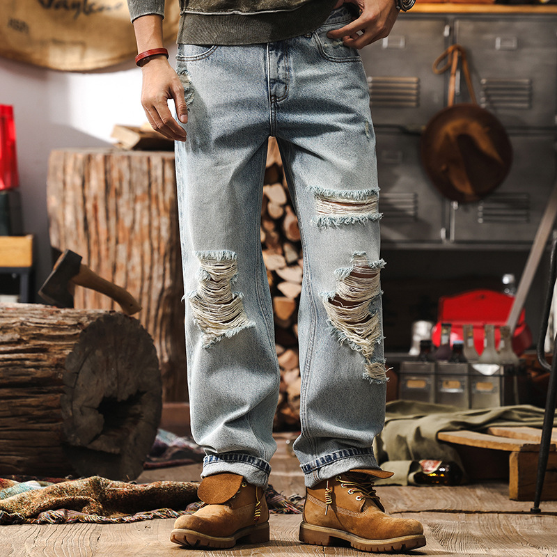 美式高街破洞水洗牛仔褲男春季復古潮牌直筒褲痞帥刮爛乞丐休閒褲