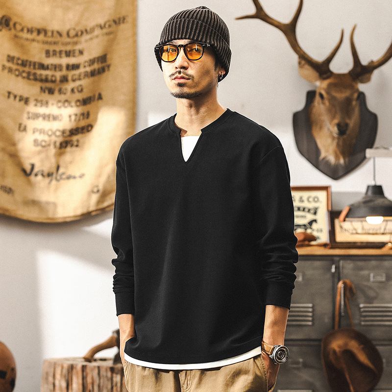 【假兩件】360g重磅長袖T恤男秋季寬鬆美式復古深V領硬漢亨利衫男