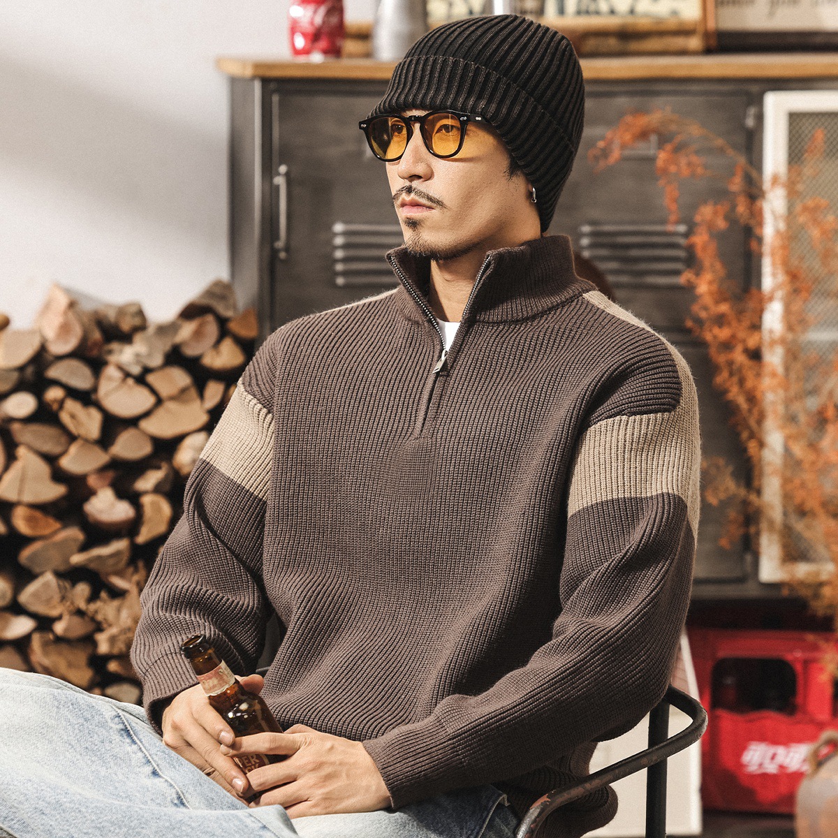 美式復古半高領拉鍊加厚毛衣男冬季保暖潮牌撞色寬鬆針織衫外套男