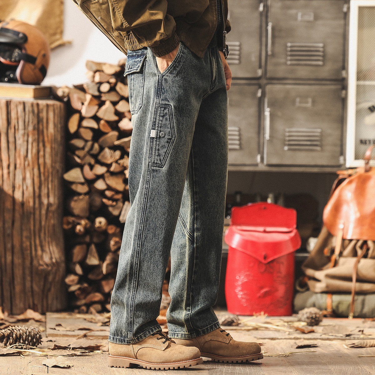 美式高街水洗牛仔褲男秋季新款寬鬆痞帥工裝褲子男潮牌直筒休閒褲