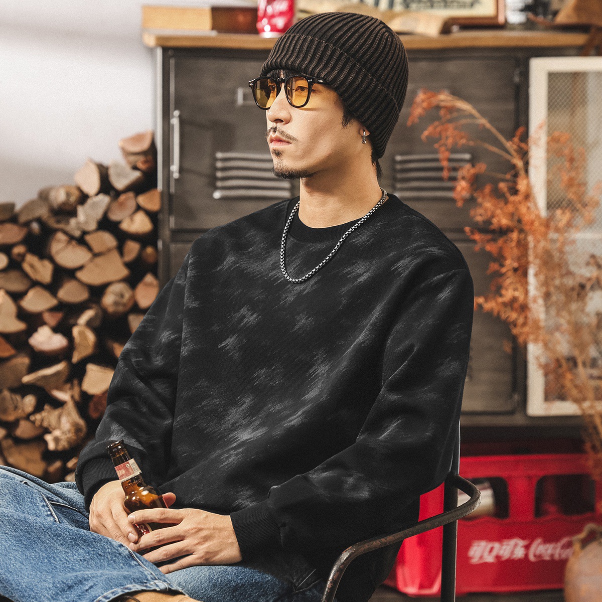 美式復古髒髒扎染重磅衛衣男2025新款潮流寬鬆大碼休閒圓領上衣男