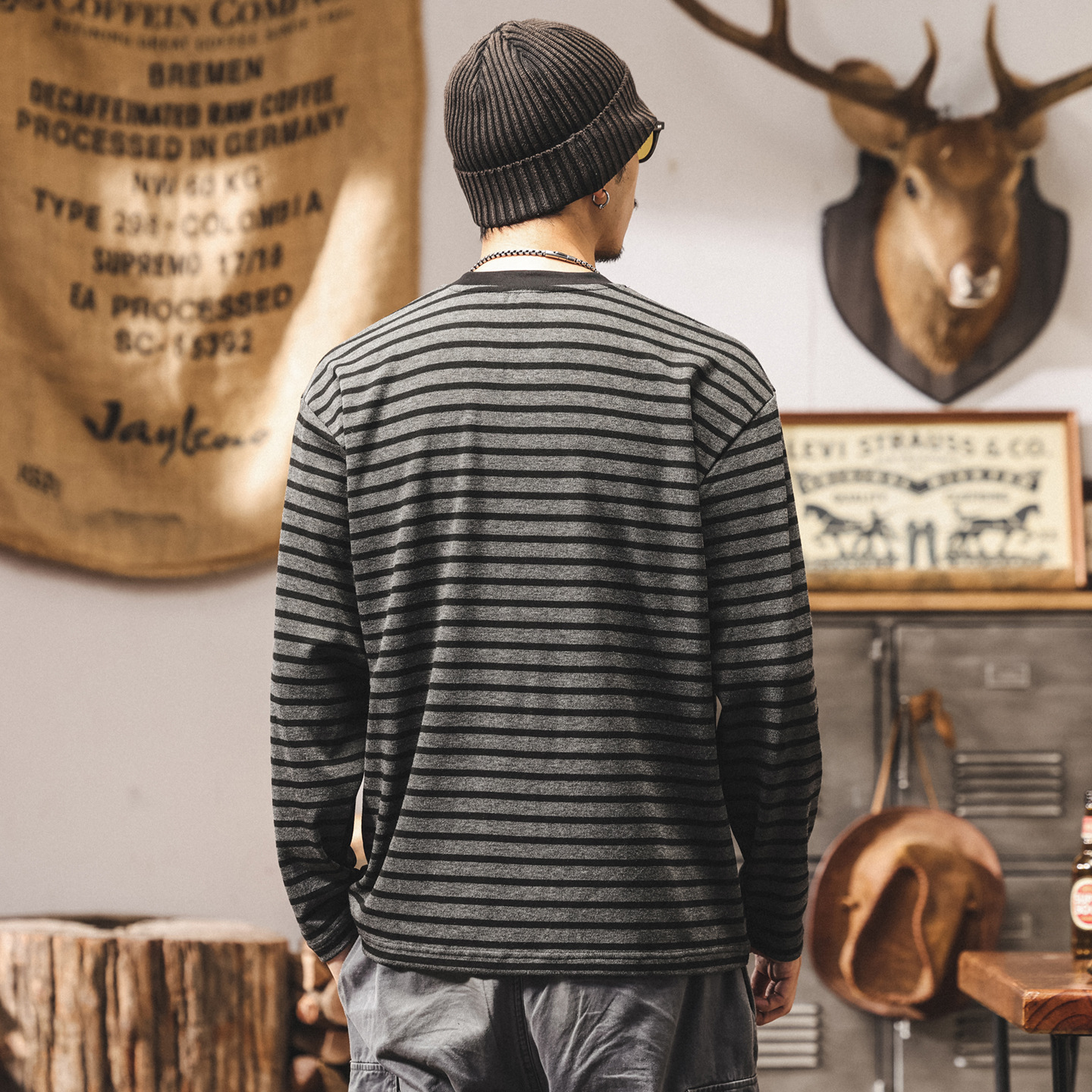 美式280g重磅條紋長袖t恤男秋季2025新款寬鬆潮牌慵懶打底V領上衣