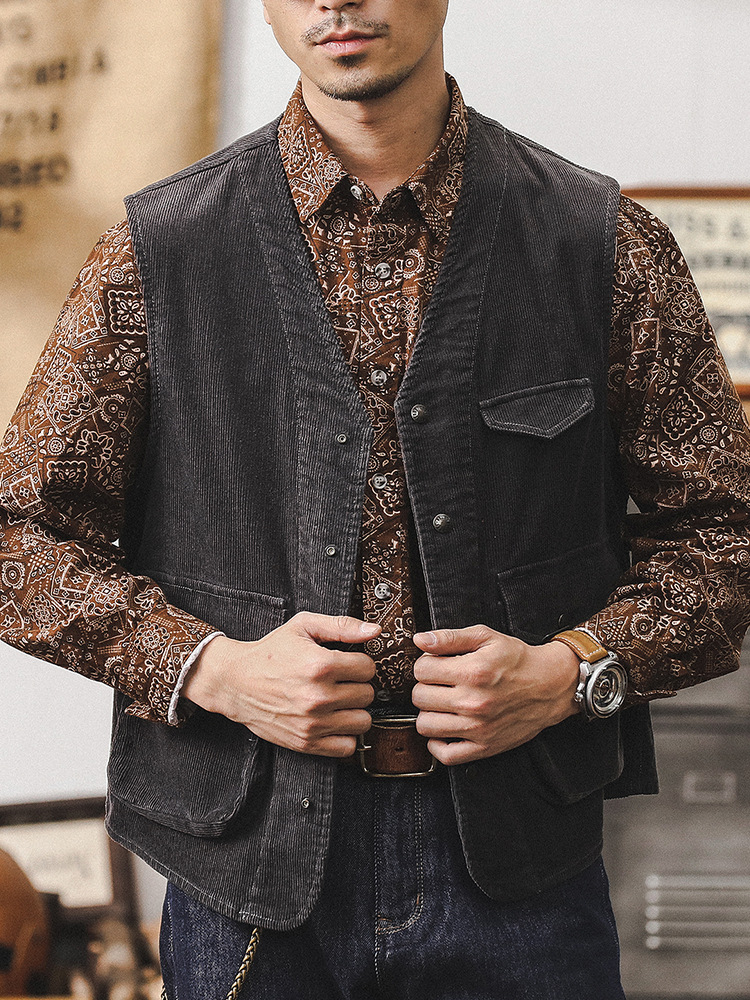 美式重磅復古燈芯絨馬甲外套男寬鬆2024新款潮牌古著工裝夾克褂子