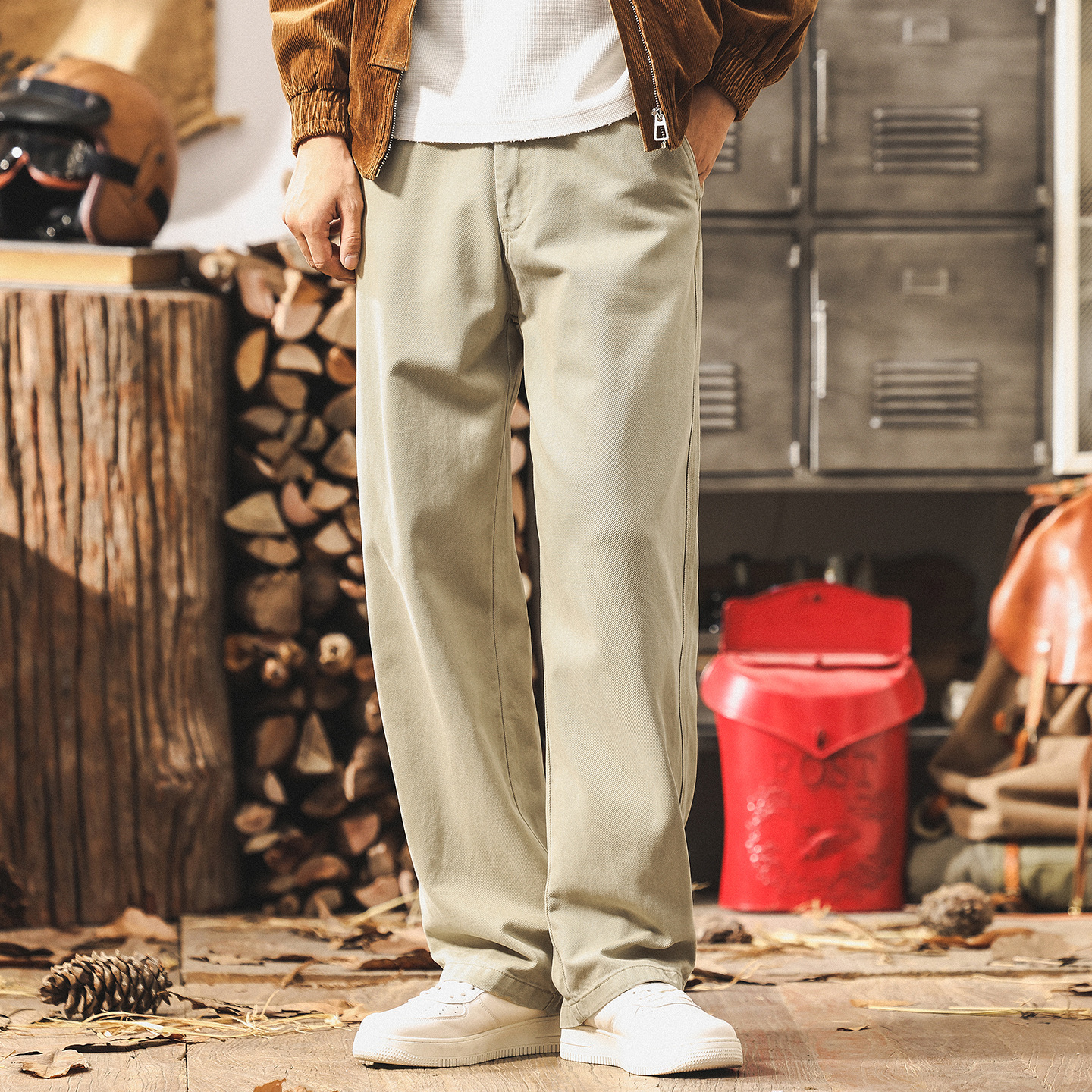 萊賽爾天絲卡其色工裝褲子男秋季新款美式復古潮牌寬鬆男士休閒褲