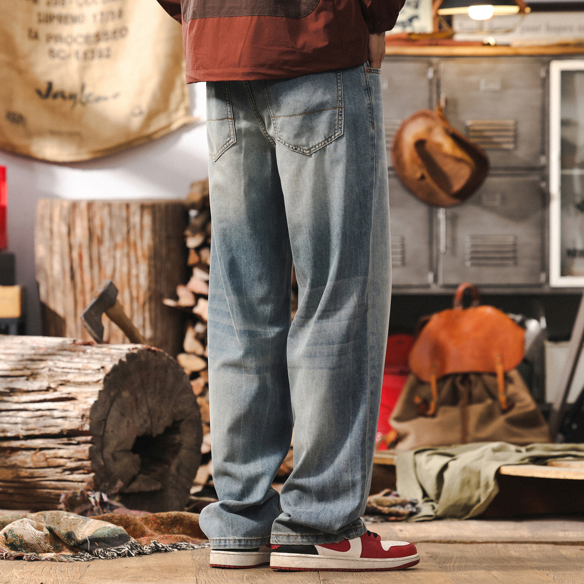 高級感漢麻涼感萊賽爾薄款牛仔褲男士寬鬆直筒休閒美式復古長褲男