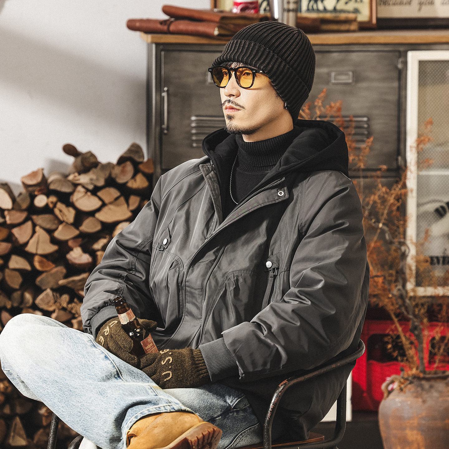 美式復古假兩件工裝羽絨服男冬季加厚90%白鴨絨禦寒保暖連帽外套