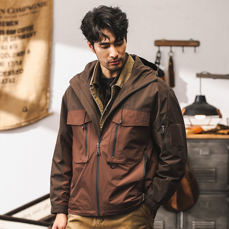 美式復古工裝外套男春秋款潮牌壓膠防風夾克男2024新款獵裝衝鋒衣