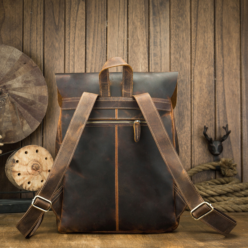 日韓手工真皮雙肩包男戶外旅行牛皮背包皮男士瘋馬皮休閒電腦背包