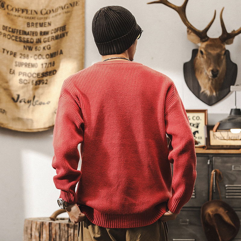 美式復古550g重磅珊瑚紅毛衣男冬季潮牌寬鬆簡約百搭針織衫秋冬款