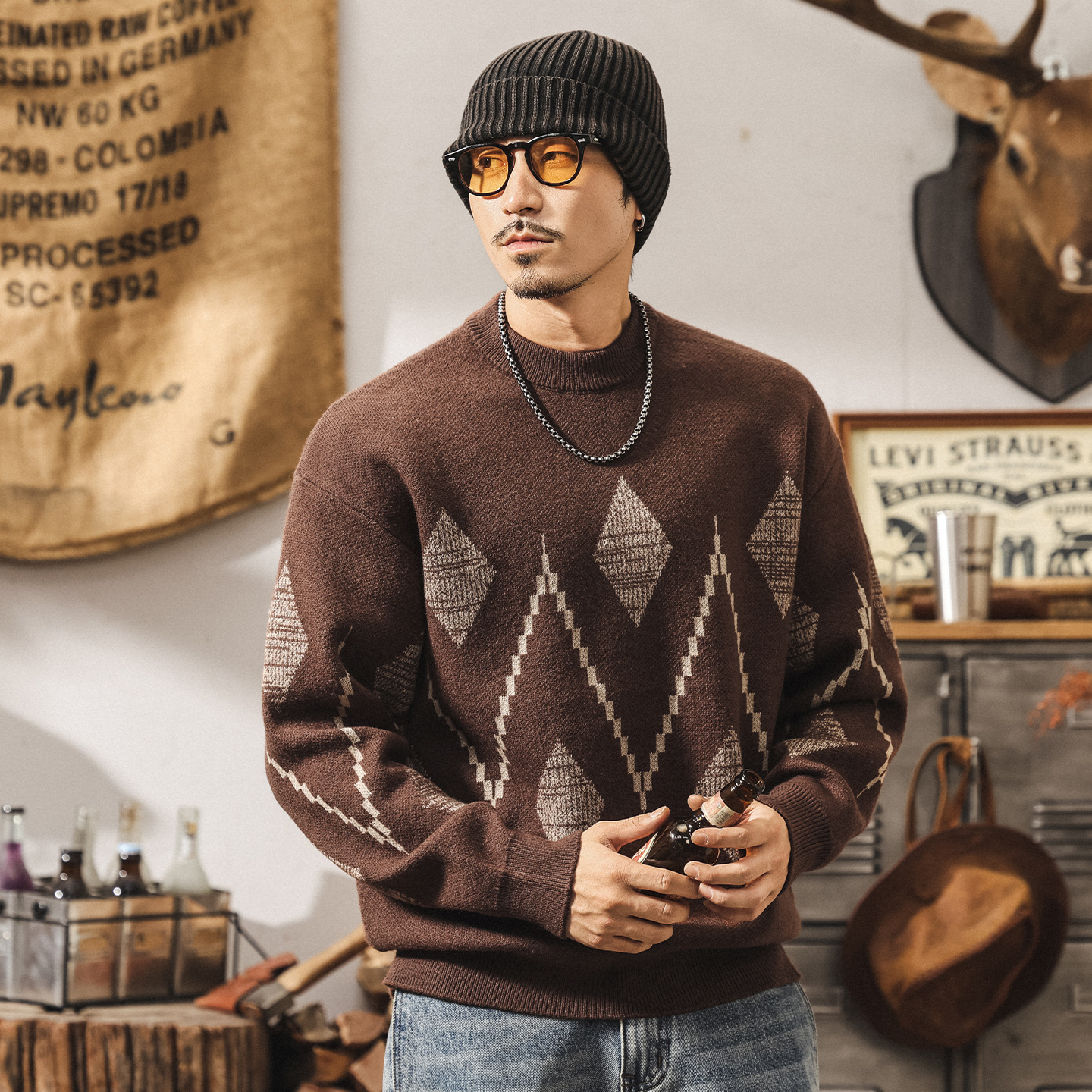 美式復古費爾島男士毛衣冬季加厚新款潮流民族風圓領針織衫上衣男