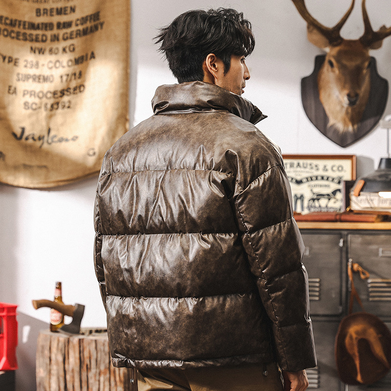 新國標90白鴨絨PU皮羽絨服男冬季加厚美式潮牌面包服男款皮衣外套