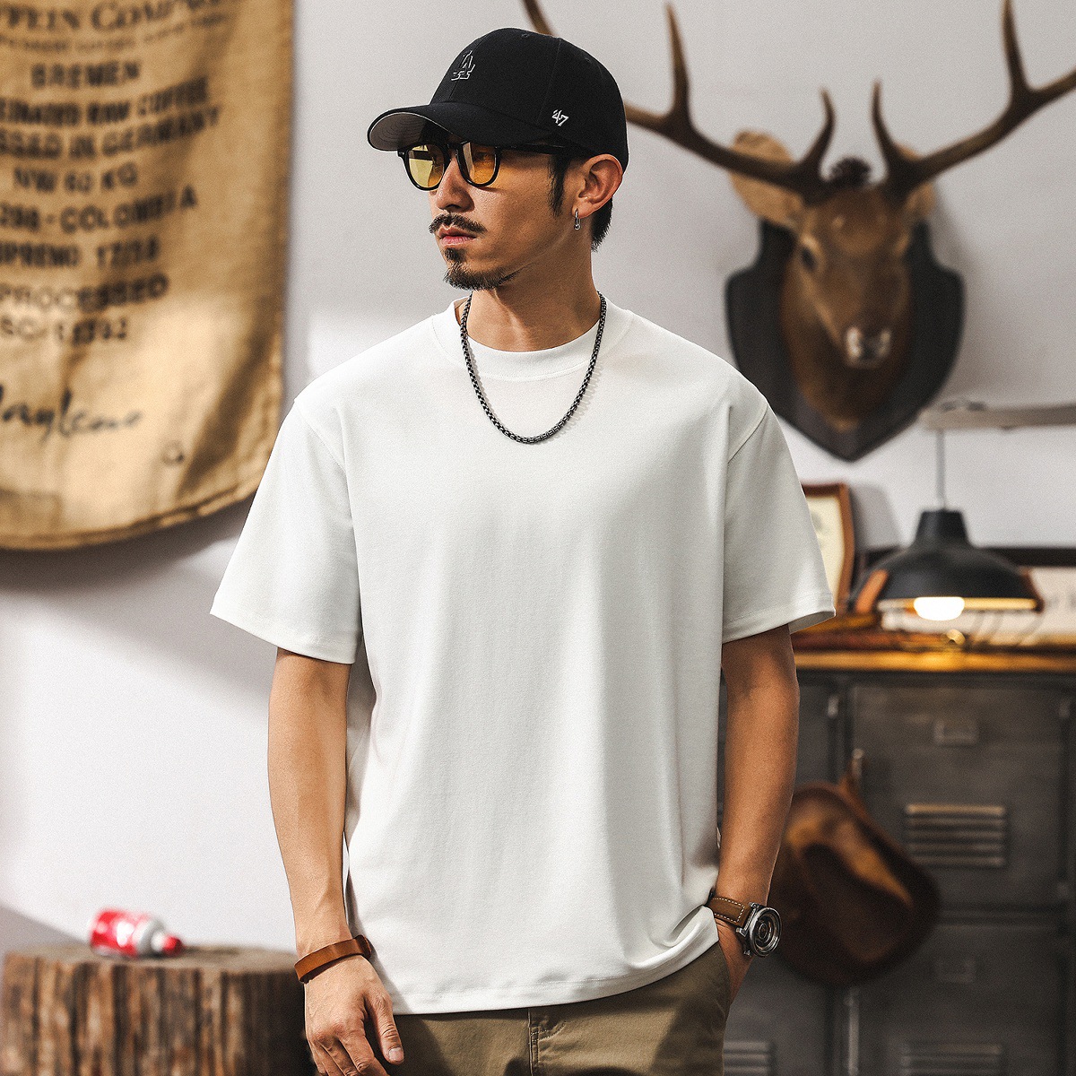 澳洲美莉諾羊毛萊賽爾短袖T恤男夏季美式復古高級感純色百搭上衣