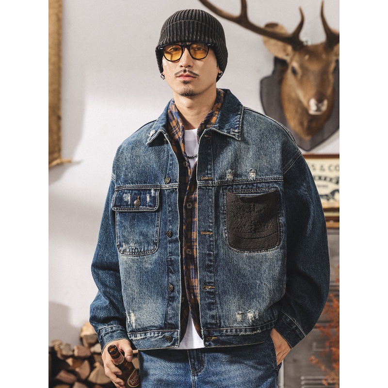 美式復古戰損破洞牛仔外套男春秋潮牌2025新款潮流帥氣工裝夾克男