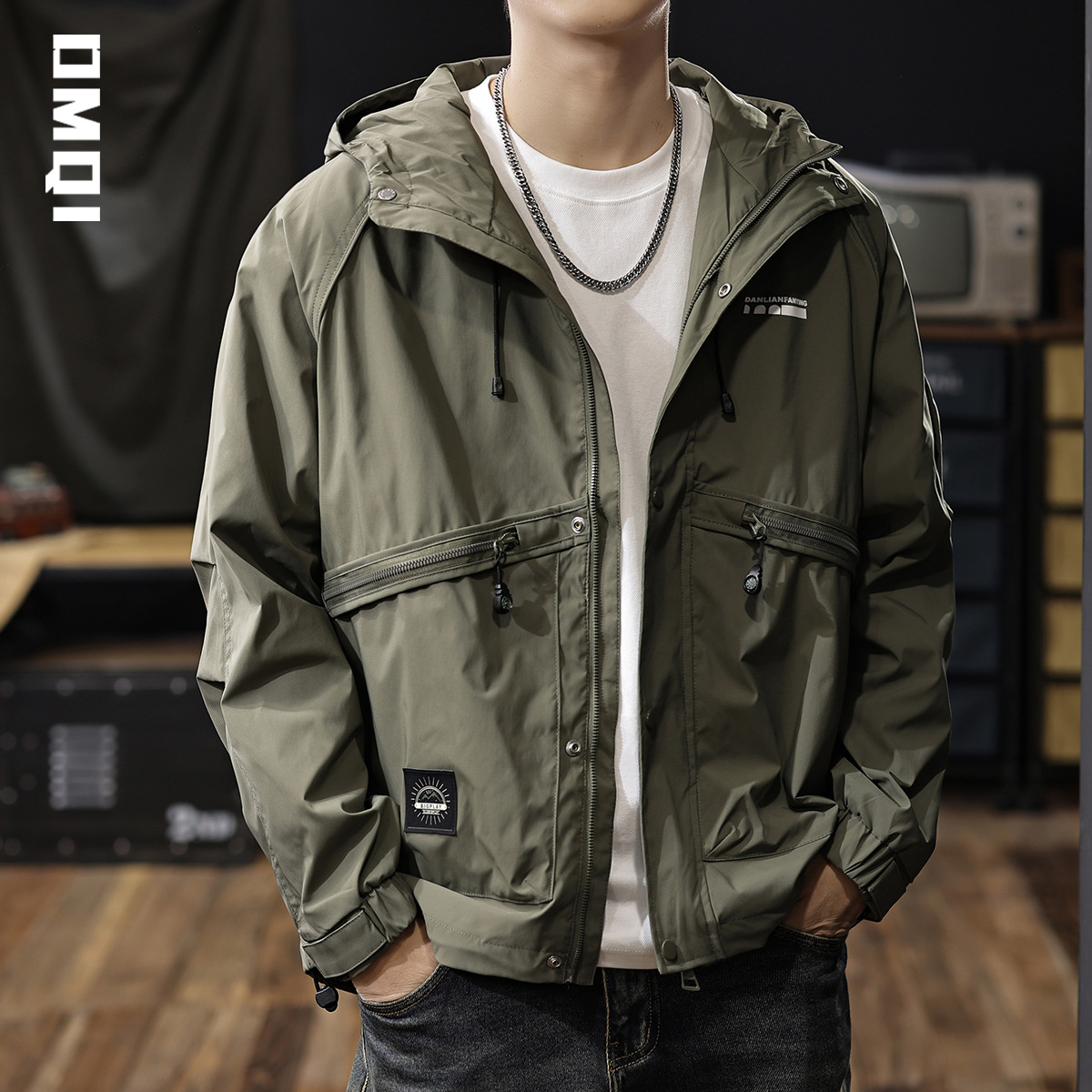 2025春秋款美式戶外連帽衝鋒衣男寬鬆大碼三防美式工裝夾克外套潮