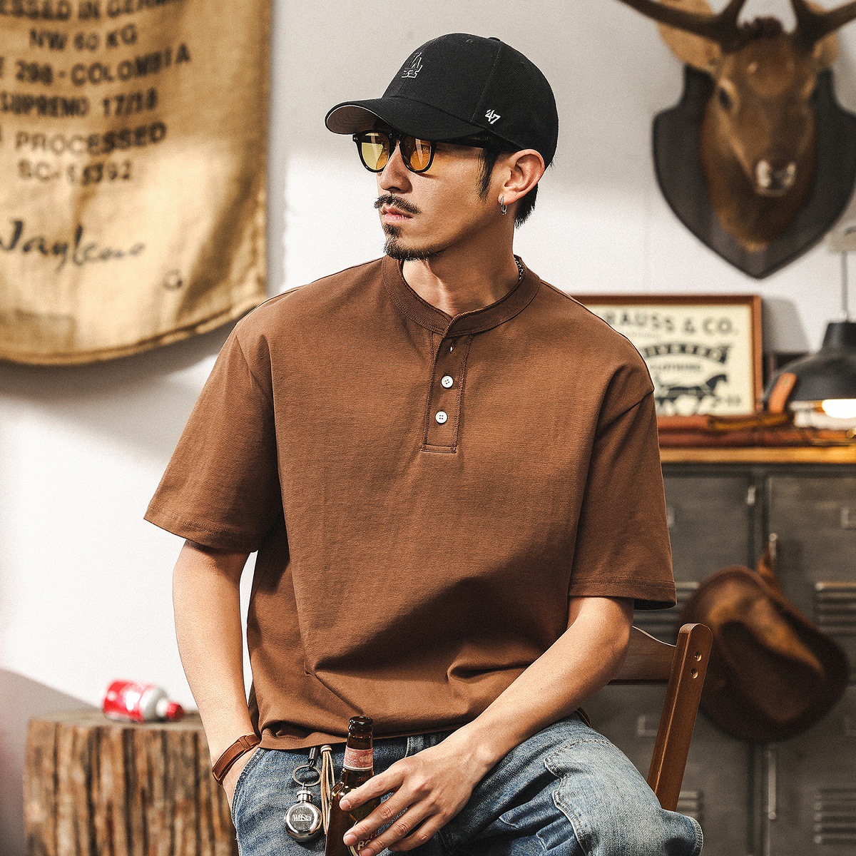 美式復古300g重磅T恤男夏季亨利領短袖男士polo衫潮牌寬鬆上衣男