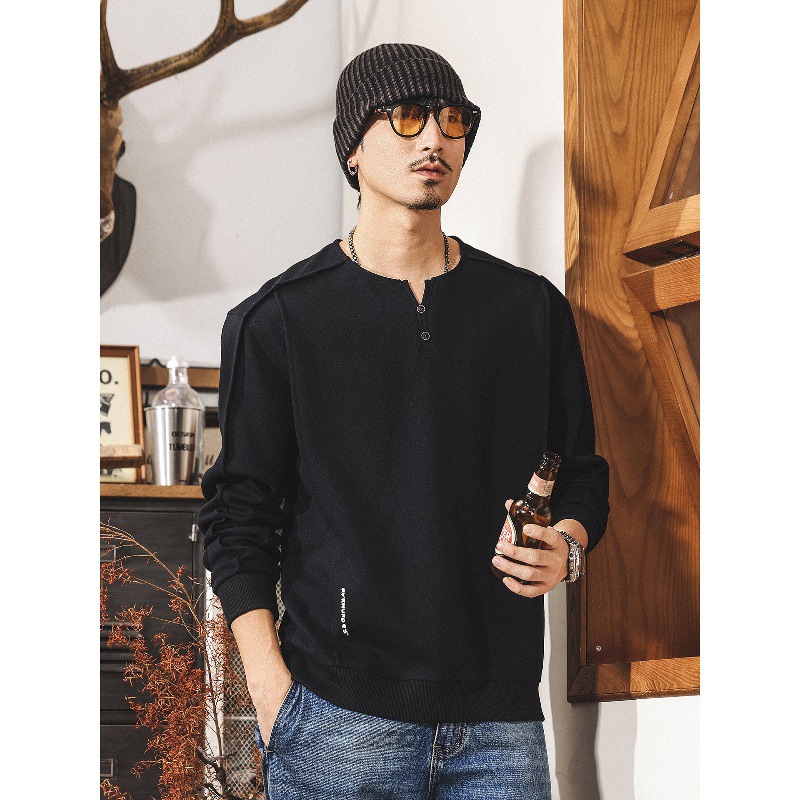 美式復古重磅亨利領衛衣男春秋款潮牌寬鬆男士polo衫長袖寬鬆上衣