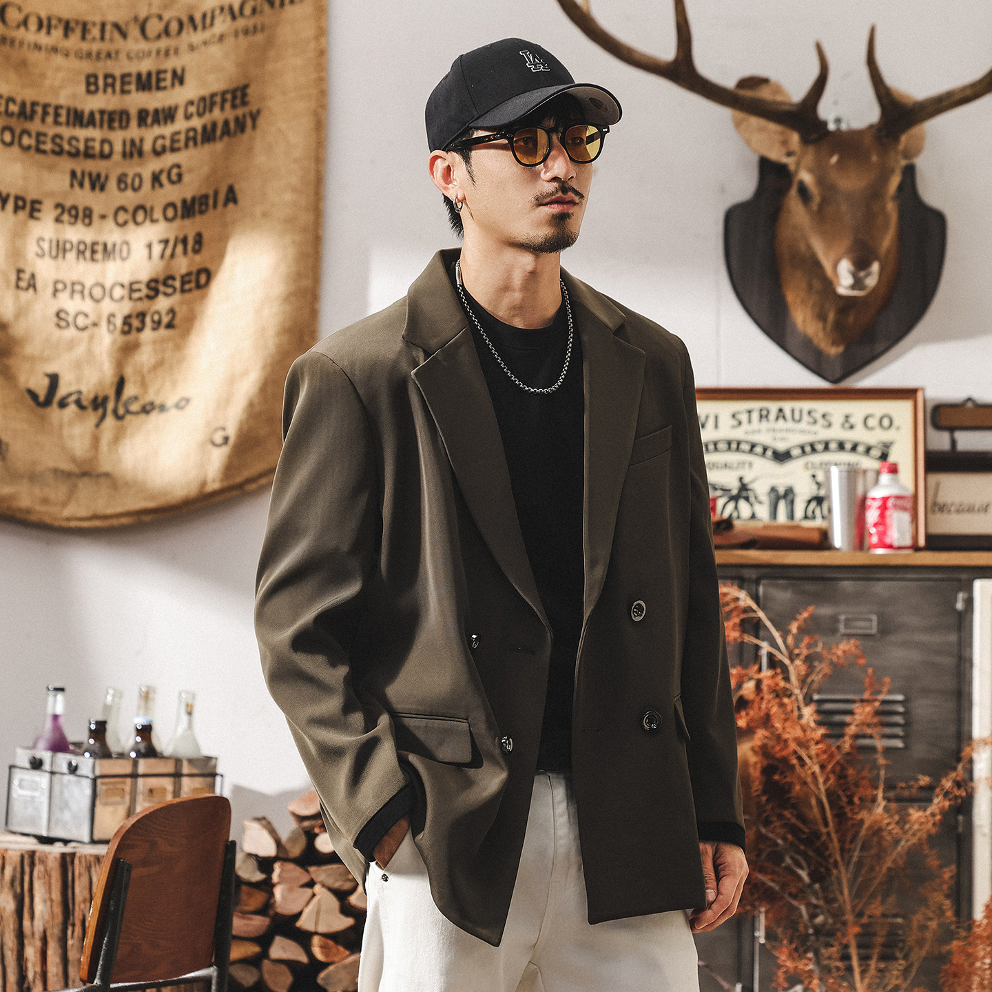 美式復古平駁領通勤休閒西裝外套男士2025新款潮流英倫紳士西服男