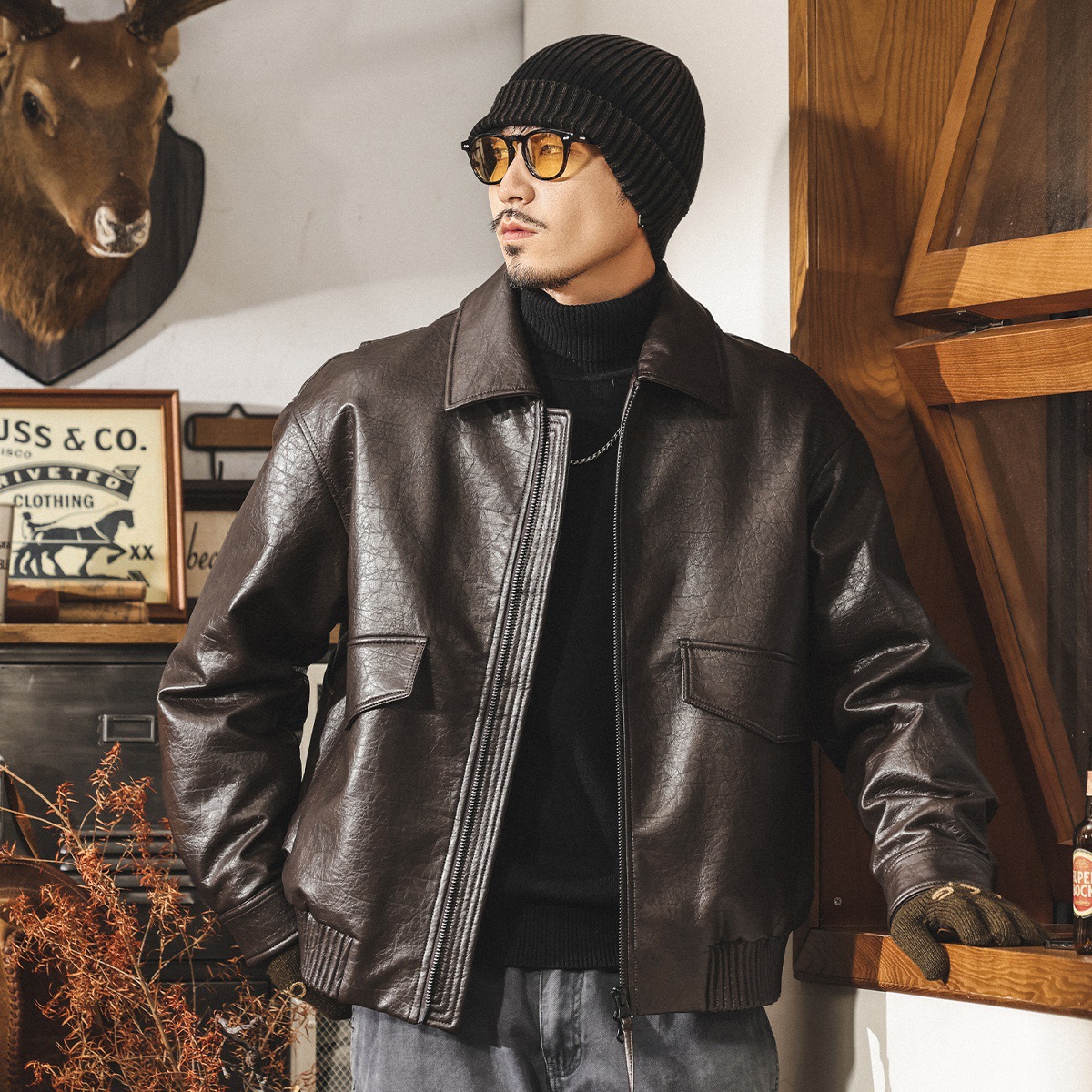 美式復古90%鴨絨加厚羽絨服男冬季加厚保暖潮流帥氣機車皮衣外套