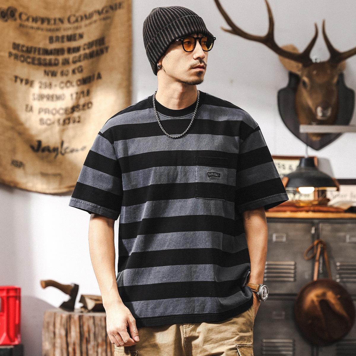 32支雙紗做舊炒砂水洗條紋短袖男T恤夏季美式復古潮流休閒上衣男T