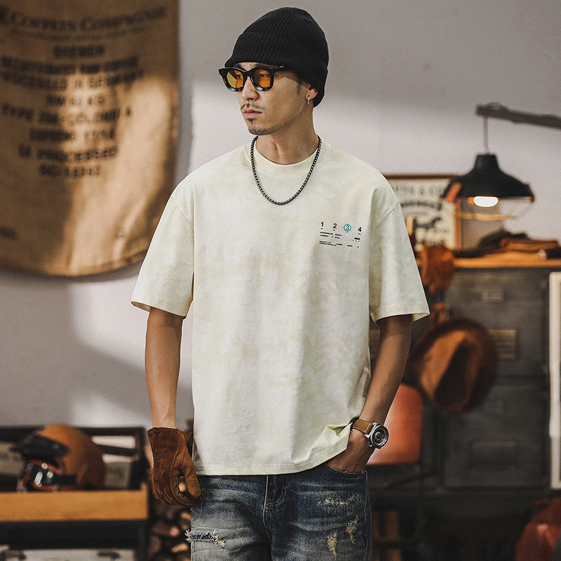 絨面發泡印花短袖男夏季美式潮牌T恤男2024新款男裝復古半袖上衣